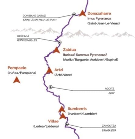 Mapa de los asentamientos romanos en los Pirineos en la Antigüedad: Pompealo, Zaldua, Donazaharre, Ilumberris...